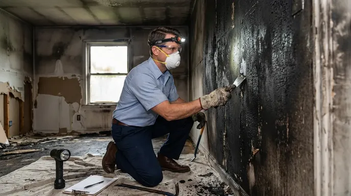 Professional scraping smoke and soot residue from charred fire-damaged walls during smoke damage cleanup and restoration