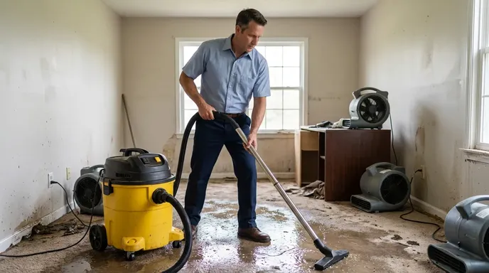 Flood damage restoration technician using industrial wet vacuum to extract standing water from a flooded residential room