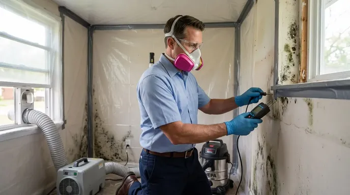Mold remediation technician in respirator and containment area using moisture meter during professional mold removal service