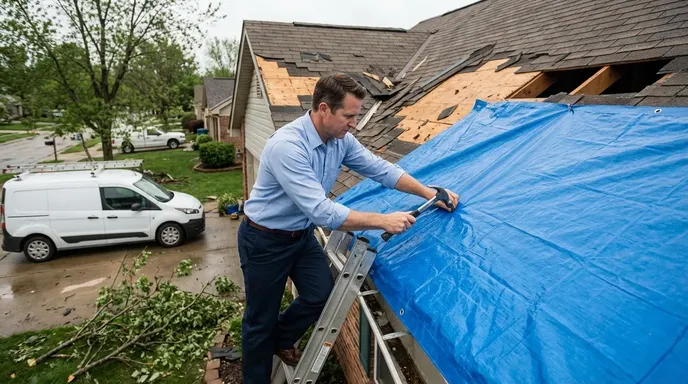 Storm damage restoration contractor securing protective tarp over wind-damaged roof with missing shingles after severe storm