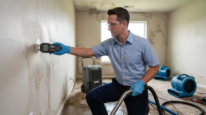 Restoration technician using moisture meter to assess water-damaged wall with air mover and dehumidifier running in background